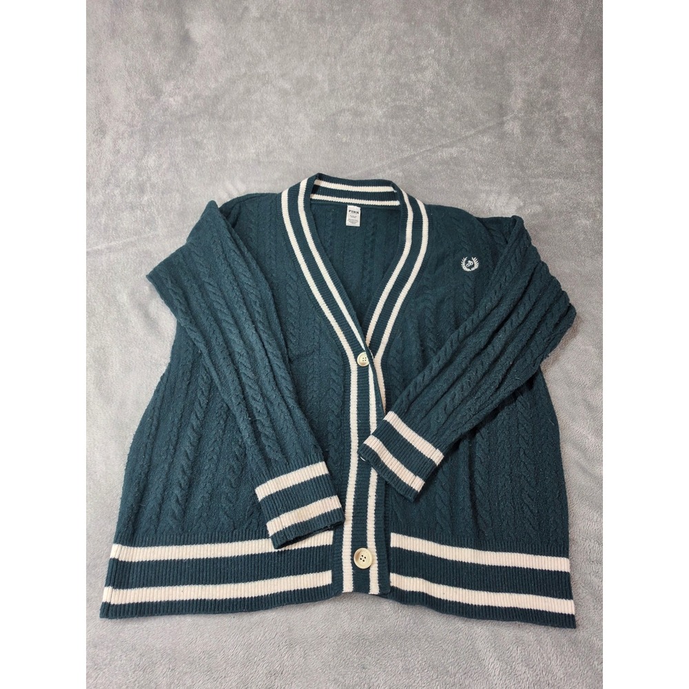 Pink‎ Victoria's Secret Varsity Cardigan Green Cable Knit Collegiate Sweater XL